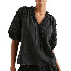 Rails Amity Acid Wash Puff-Sleeve Blouse, Black, Size Small